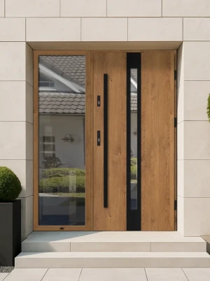 Contemporary energy saving external door and frame set model APIS BLACK PREMIUM 72mm with glazed sidelight and black bar made to measure B