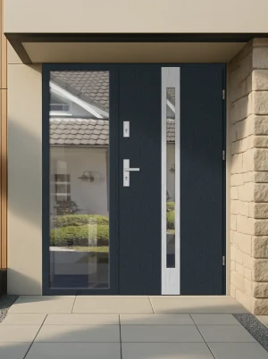 Contemporary energy saving external door and frame set model APIS PREMIUM 72mm with glazed sidelight and handle made to measure Inox Design C