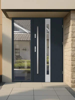 Contemporary energy saving external door and frame set model APIS PREMIUM 72mm with glazed sidelight and bar made to measure Inox Design D