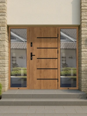 SAFE ALU-STEEL Well made durable modern made to measure energy efficient 72mm thick front door warm aluminium frame wide double side panels with triple glazed glass Aurum BLACK PEŁNE