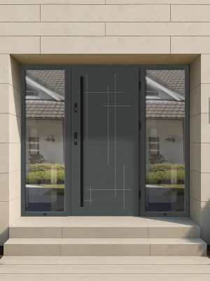 Model LAMINA BLACK PREMIUM 72 mm front door with double sidelights / side panels with black bar - energy efficient modern external door with mirrored