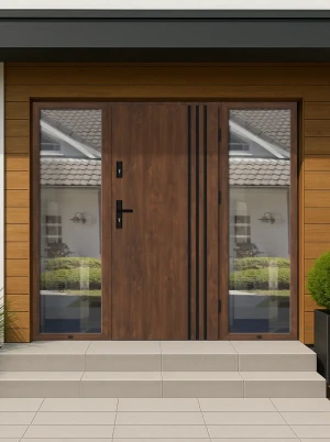 SAFE ALU-STEEL Well made durable modern made to measure energy efficient 72mm thick front door warm aluminium frame wide double side panels with triple glazed glass Linea BLACK PEŁNE