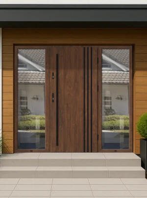 SAFE ALU-STEEL Well made durable modern made to measure energy efficient 72mm thick front door warm aluminium frame wide double side panels with triple glazed glass Linea BLACK PEŁNE