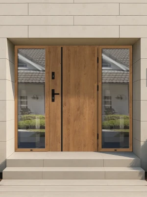 SAFE ALU-STEEL Well made durable modern made to measure energy efficient 72mm thick front door warm aluminium frame wide double side panels with triple glazed glass Luna BLACK PEŁNE