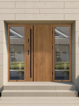 Model LUNA BLACK PREMIUM 72 mm front door with double sidelights / side panels with black bar - energy efficient modern external door with mirrored gl