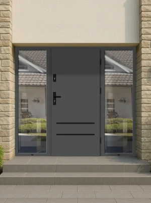 Model NOVA BLACK PREMIUM 72 mm front door with double sidelights / side panels with black handle - energy efficient modern external door with mirrored