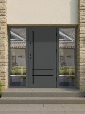Model NOVA BLACK PREMIUM 72 mm front door with double sidelights / side panels with black bar - energy efficient modern external door with mirrored gl