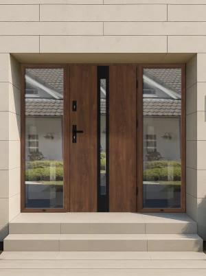 Model APIS BLACK PREMIUM 72 mm front door with double sidelights / side panels with black handle - energy efficient modern external door with mirrored