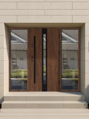 SAFE ALU-STEEL Well made durable modern made to measure energy efficient 72mm thick front door warm aluminium frame wide double side panels with triple glazed glass Apis BLACK SZYBA