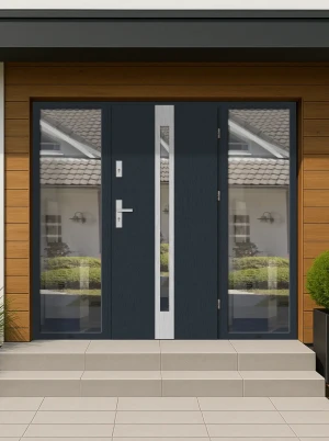 Model APIS PREMIUM 72 mm front door with double sidelights / side panels with handle – energy efficient modern external door with mirrored glass Inox