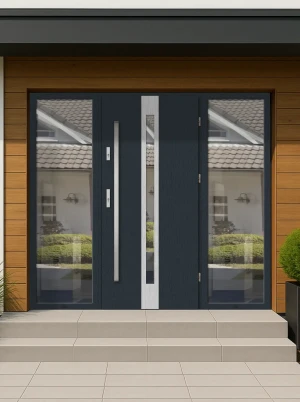 Model APIS PREMIUM 72 mm front door with double sidelights / side panels with bar – energy efficient modern external door with mirrored glass Inox Des