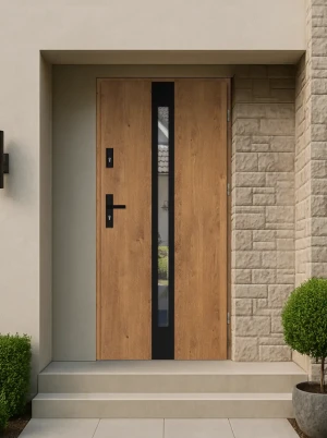 Model APIS BLACK PREMIUM 72 mm front door with black handle – energy efficient [Ud=1.1] modern external door with mirrored glass