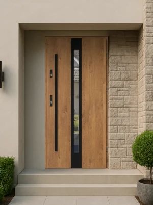 Model APIS BLACK PREMIUM 72 mm front door with black bar – energy efficient [Ud=1.1] modern external door with mirrored glass