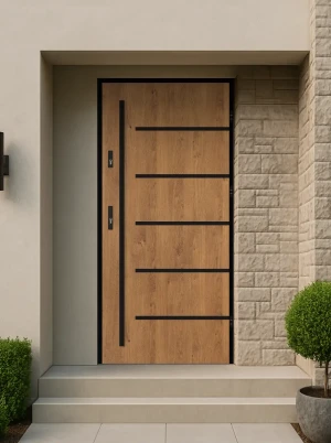 Model AURUM LOFT PREMIUM 72 mm front door with black frame and black bar – energy efficient [Ud=1.1] modern external door