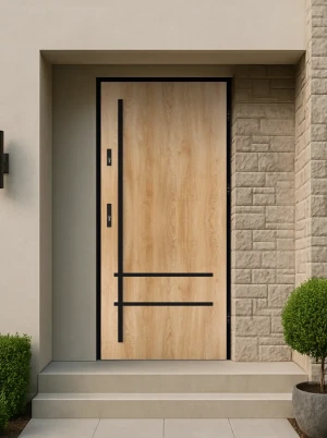 Model NOVA LOFT PREMIUM 72 mm front door with black frame and black bar – energy efficient [Ud=1.1] modern external door