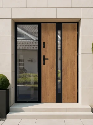 Model APIS LOFT PREMIUM 72 mm front door with sidelight / side panel with black frame and black handle - energy efficient modern external door with mi