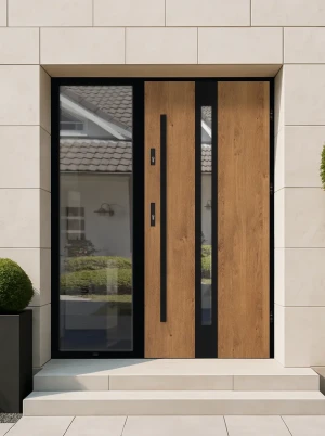 Model APIS LOFT PREMIUM 72 mm front door with sidelight / side panel with black frame and black bar - energy efficient modern external door with mirro