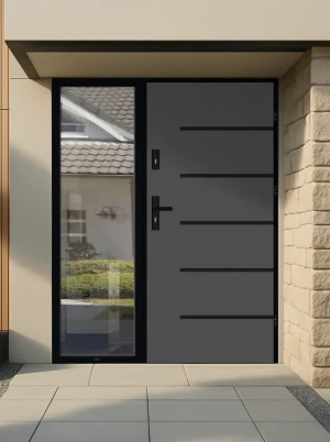 Model AURUM LOFT PREMIUM 72 mm front door with sidelight / side panel with black frame and black handle - energy efficient modern external door with m