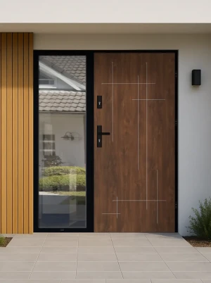 Walnut Modern Front Door with Side Panel | AluSteel | Black Frame |