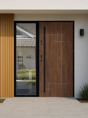 Walnut Modern Front Door with Side Panel | AluSteel | Black Frame |