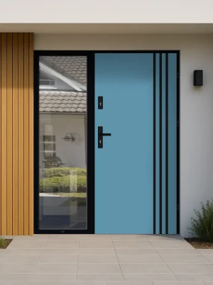 Model LINEA LOFT PREMIUM 72 mm front door with sidelight / side panel with black frame and black handle - energy efficient modern external door with m