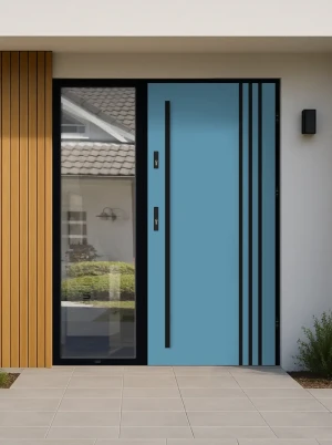Model LINEA LOFT PREMIUM 72 mm front door with sidelight / side panel with black frame and black bar - energy efficient modern external door with mirr
