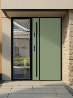 Model LUNA LOFT PREMIUM 72 mm front door with sidelight / side panel with black frame and black bar - energy efficient modern external door with mirro