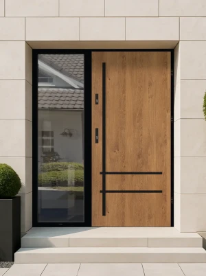 Model NOVA LOFT PREMIUM 72 mm front door with sidelight / side panel with black frame and black bar - energy efficient modern external door with mirro