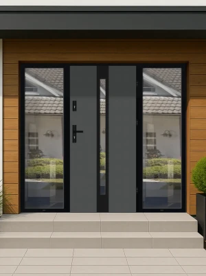 Model APIS LOFT PREMIUM 72 mm front door with double sidelights / side panels with black frame and black handle - energy efficient modern external doo