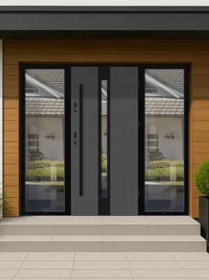 Model APIS LOFT PREMIUM 72 mm front door with double sidelights / side panels with black frame and black bar - energy efficient modern external door w
