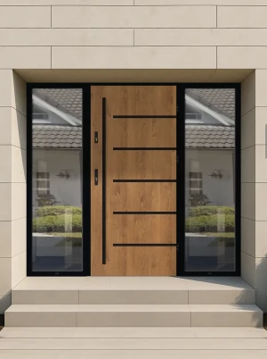 Model AURUM LOFT PREMIUM 72 mm front door with double sidelights / side panels with black frame and black bar - energy efficient modern external door