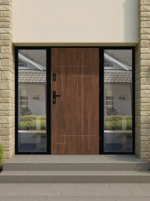 Model LAMINA LOFT PREMIUM 72 mm front door with double sidelights / side panels with black frame and black handle - energy efficient modern external d