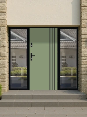 Model LINEA LOFT PREMIUM 72 mm front door with double sidelights / side panels with black frame and black handle - energy efficient modern external do