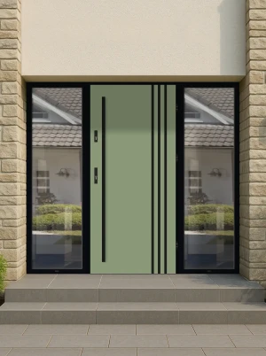 Model LINEA LOFT PREMIUM 72 mm front door with double sidelights / side panels with black frame and black bar - energy efficient modern external door