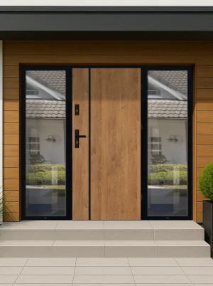 Model LUNA LOFT PREMIUM 72 mm front door with double sidelights / side panels with black frame and black handle - energy efficient modern external doo