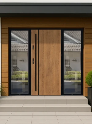 Model LUNA LOFT PREMIUM 72 mm front door with double sidelights / side panels with black frame and black bar - energy efficient modern external door w