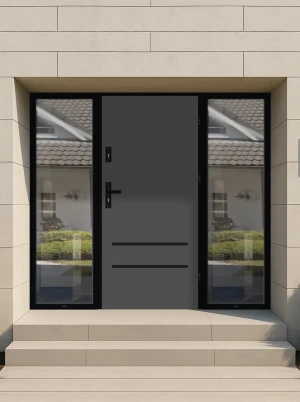Model NOVA LOFT PREMIUM 72 mm front door with double sidelights / side panels with black frame and black handle - energy efficient modern external doo