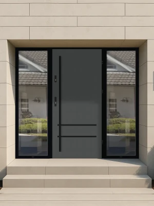 Model NOVA LOFT PREMIUM 72 mm front door with double sidelights / side panels with black frame and black bar - energy efficient modern external door w