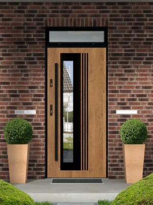 Model VARIUS LOFT PREMIUM 72 mm front door with top sidelight / top panel with black frame and black bar - energy efficient modern external door with