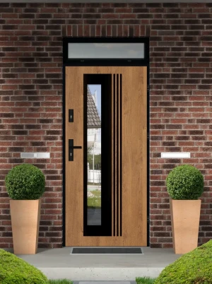 Model VARIUS LOFT PREMIUM 72 mm front door with top sidelight / top panel with black frame and black handle - energy efficient modern external door wi