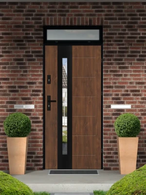 Model TULUZA LOFT PREMIUM 72 mm front door with top sidelight / top panel with black frame and black handle - energy efficient modern external door wi