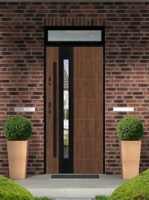 Model TULUZA LOFT PREMIUM 72 mm front door with top sidelight / top panel with black frame and black bar - energy efficient modern external door with