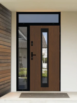 Model IGUANA LOFT PREMIUM 72 mm front door with side and top sidelight / side and top panel with black frame and black handle - energy efficient moder
