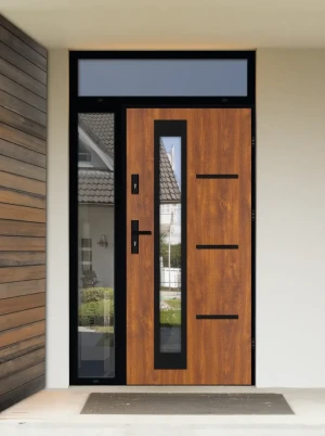 Model GRECA LOFT PREMIUM 72 mm front door with side and top sidelight / side and top panel with black frame and black handle - energy efficient modern