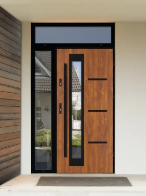 Model GRECA LOFT PREMIUM 72 mm front door with side and top sidelight / side and top panel with black frame and black bar - energy efficient modern ex