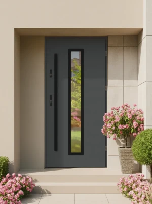 Model ANOLIS BLACK PREMIUM 72 mm front door with black bar – energy efficient [Ud=1.1] modern external door with mirrored glass