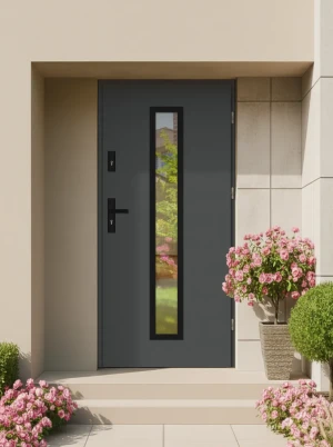 Model ANOLIS BLACK PREMIUM 72 mm front door with black handle – energy efficient [Ud=1.1] modern external door with mirrored glass