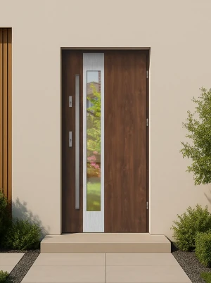 Contemporary external door and frame set triple-glazed mirrored glass - Model CAMELEO PREMIUM 72mm energy efficient U=1.1 with bar Inox Design