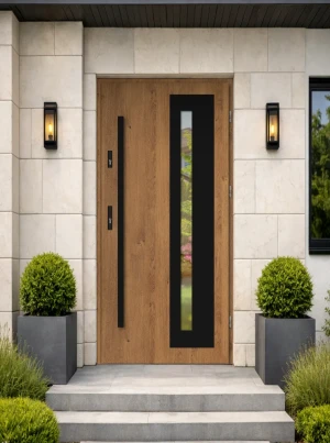 Model LUMO BLACK PREMIUM 72 mm front door with black bar – energy efficient [Ud=1.1] modern external door with mirrored glass