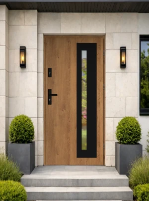 Model LUMO BLACK PREMIUM 72 mm front door with black handle – energy efficient [Ud=1.1] modern external door with mirrored glass